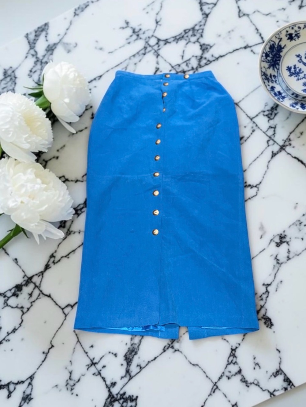Mixit silk vintage Bright Blue Button-Front Pencil Skirt
